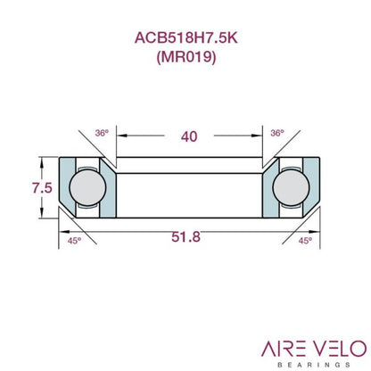 AireVelo ACB518H7.5K Headset Bearing - 40 x 51.8 x 7.5mm 36/45